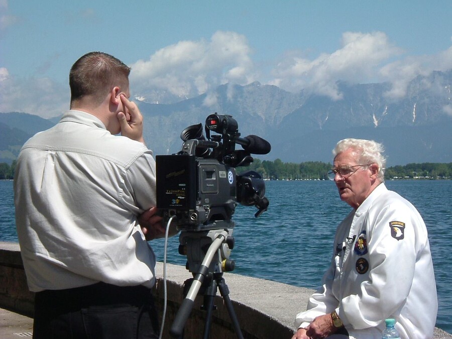 Kane Farabaugh interviewing a WWII veteran in Austria