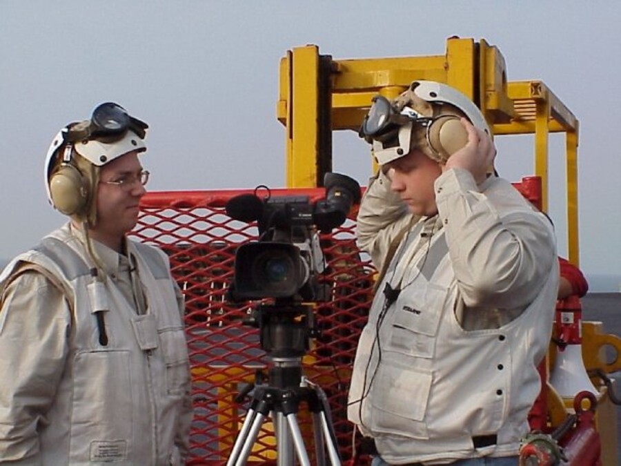 Kane Farabaugh's crew filming on an offshore platform